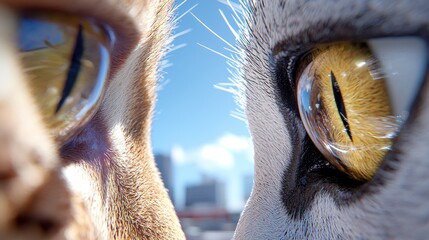 Wall Mural -  A close up of a cat's eyes with a city in the background