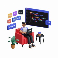 Poster - A 3D illustration of a programmer working on code using various programming languages like HTML, CSS, PHP, and C++.