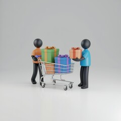 Poster - Two 3D figures shop for gifts in a shopping cart, festive and cheerful.
