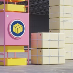 Poster - A stylized illustration of a colorful storage unit and neatly stacked packages, symbolizing efficient logistics and warehousing.