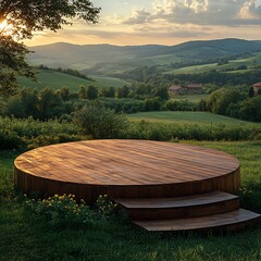 Fototapete - Solid wood podium set against the expansive backdrop of a green field and farm creating an ideal empty platform for showcasing farm animals or products in a natural and scenic environment
