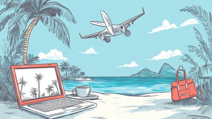 Wall Mural - Tropical Beach Laptop Work Vacation Travel Scene