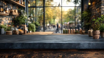 Poster - Sophisticated black concrete countertop set against a blurred caf background perfect for showcasing products This empty tabletop mockup provides an ideal podium for drinks and culinary delights