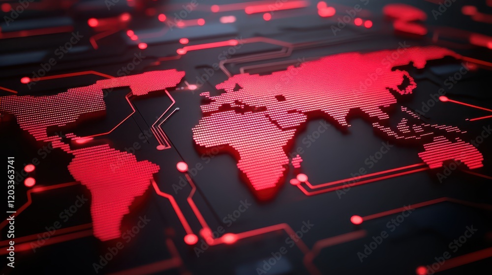Illuminated world map, visualizing global connections and data exchange ...