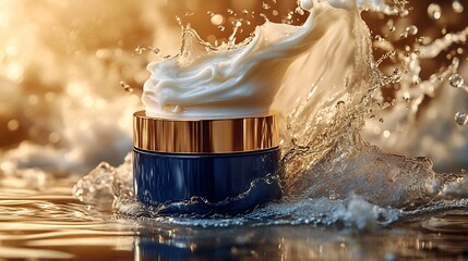 Poster - Sophisticated cream product podium mockup highlighted by a dramatic milk splash in deep royal blue on a light gold background designed to attract attention for highend skincare advertising