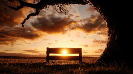 Wall Mural - A wooden bench under a tree in a field at sunset