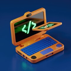 Fototapete - A vibrant orange laptop displays a glowing code symbol, suggesting programming or software development.