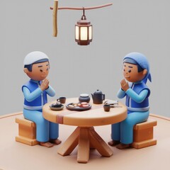 Poster - Two cartoon figures, dressed in blue, sit at a table, praying before a meal.