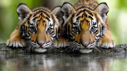 Wall Mural - Two young tiger cubs are laying on a rock in the water