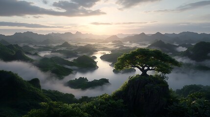 Wall Mural - Serene sunrise over misty mountains with a solitary tree on a rocky outcrop, evoking tranquility