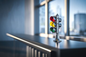 Poster - Miniature traffic light on a sleek counter, symbolizing control, timing, and decision-making in a modern office setting.
