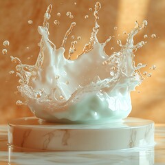 Poster - Striking cream product podium mockup featuring an explosive splash of liquid milk in vibrant teal set against a luxurious light gold background perfect for showcasing cosmetic beauty skincare products