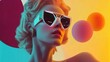 © QuietWord - retro futurism portrait, woman wearing big futuristic eyeglasses with light glow in dark background