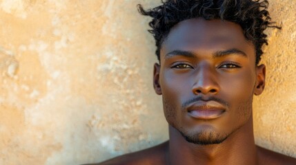 Poster - A striking portrait captures a black man model with intense expression, leaning against a sandy surface