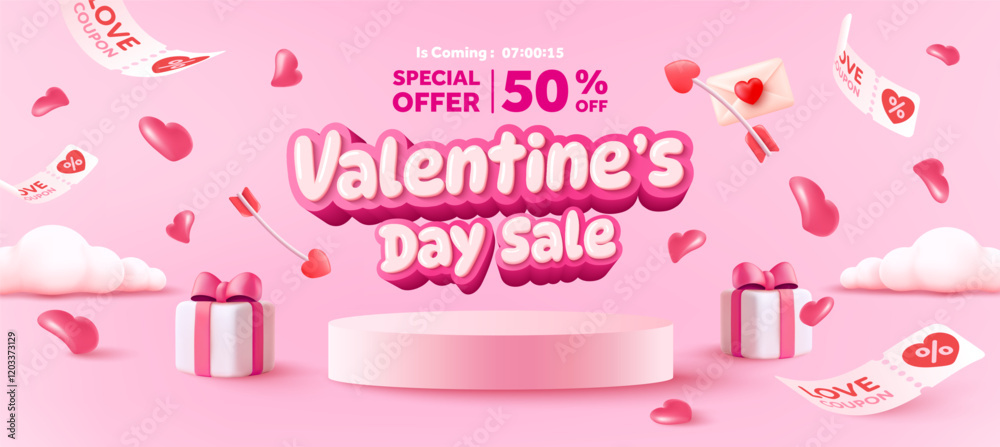 Valentine's Day Sale Banner Template with Pink Background, Floating ...