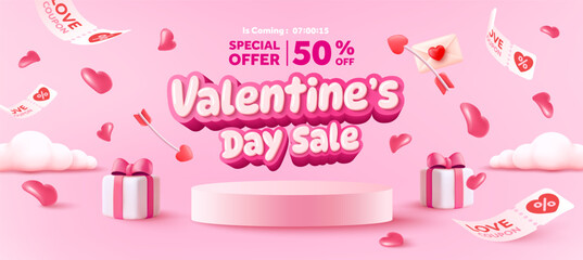 Valentine's Day Sale Banner Template with Pink Background, Floating Hearts, Love Coupons, Gift Boxes, Cupid Arrow, and Romantic Decorations for Seasonal Shopping and Discount Promotion