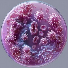 Poster - Striking microscopic view of a petri dish filled with purple bacteria and virus colonies artistically arranged against a soft gradient background evoking a sense of intrigue in biology and science