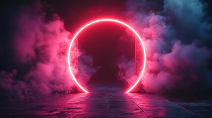 Fototapete - Striking neon pink arch glows in the darkness serving as a portal frame surrounded by ethereal smoke and dynamic laser effects inviting viewers into a surreal space experience