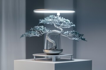 Aufkleber - A minimalist silver bonsai tree illuminated by a sleek, modern light fixture, creating a serene and artistic ambiance.