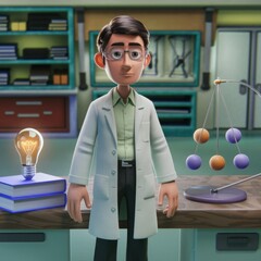 Aufkleber - A 3D animated scientist stands in a lab, near books and a Newton's cradle, symbolizing knowledge and discovery.