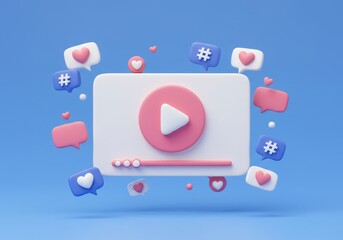 Fototapete - A 3D illustration of a video player interface featuring a pink play button and a progress bar