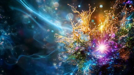 Poster - Exploring living energy connections with memories in a cosmic landscape of color and light abstract art digital realm