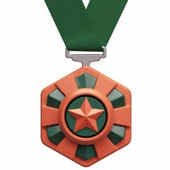 Poster - Hexagonal medal with a central star, green ribbon, award, achievement.