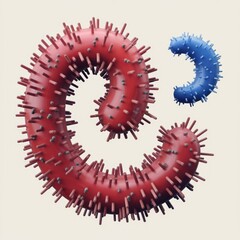 Fototapete - Abstract 3D rendering of two spiral shapes, one red and one blue, with spiky textures.