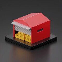 Poster - A red warehouse with a roll-up door, containing stacks of yellow cardboard boxes.