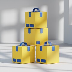 Poster - A stack of three yellow boxes with blue handles, symbolizing delivery or shipping.