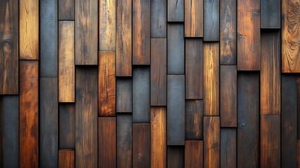 Poster - Striking wall made of vertical wooden panels showcasing rich textures and natural grain patterns perfect for modern interior and exterior design evoking a sense of warmth and style