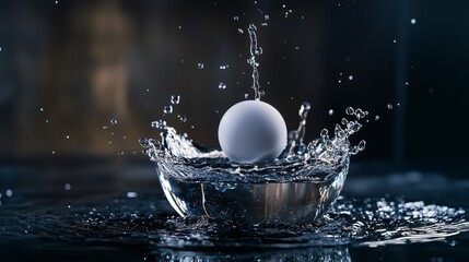 Poster - Sensory experience a ping pong ball’s impactful splash in water captured in an intimate cinematic perspective