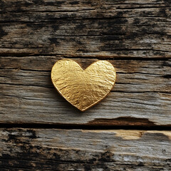 Wall Mural - A heart-shaped gold coin on a rustic wooden table