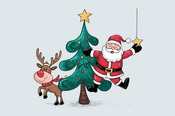 Poster - Santa Claus and a reindeer celebrate Christmas near a decorated Christmas tree.