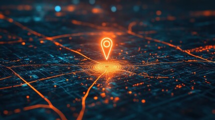 Poster - Glowing GPS Location Pin on Futuristic City Map Abstract Navigation Technology Concept