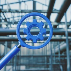 Poster - A blue magnifying glass focuses on a gear, symbolizing process optimization and industrial efficiency.