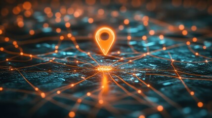 Poster - Glowing GPS Location Pin on Futuristic City Map Network