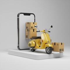 Poster - Online order delivery: A yellow scooter carries cardboard boxes from a smartphone screen, symbolizing fast and convenient e-commerce.