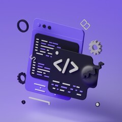 Poster - 3D illustration of web development, coding, and programming concepts.