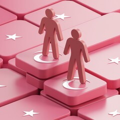 Poster - Two 3D figures stand on pink tiles marked with crescents and stars, symbolizing Turkey.