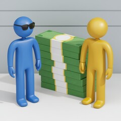 Aufkleber - Two figures, one blue and one yellow, stand beside a stack of money, suggesting wealth or finance.