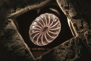 Poster - A translucent, spiral-shaped object rests within a dark, stone frame.