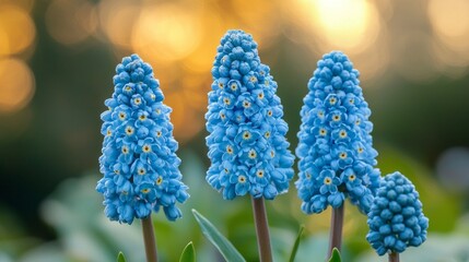 Poster - Clusters of striking blue flowers, tall and elegant, display their unique shapes against a warm golden glow at dusk. This tranquil garden moment radiates beauty and calmness