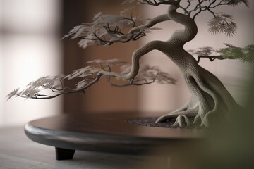Poster - An elegant bonsai tree with intricate branches and a weathered trunk, displayed on a dark wooden base.