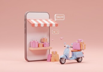 Fototapete - A 3D illustration of a smartphone with a striped awning showcasing gifts and shopping bags