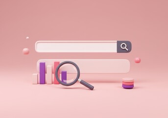 Fototapete - A 3D illustration of a search bar interface, magnifying glass and colorful bar graphs