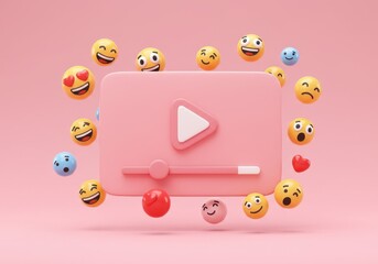 Fototapete - A 3D illustration of a pink play button interface surrounded by colorful floating emojis including heart eyes