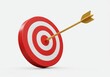 © PixelPulse Creative - A 3D illustration of a classic red bullseye target with a single golden arrow perfectly hitting the center