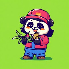 A cute cartoon panda character wearing a red cap and jacket, happily holding bamboo against a vibrant green background.