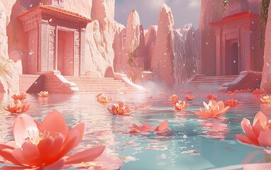 Canvas Print - Pink lotus flowers bloom in serene oasis with ancient temples and waterfalls.